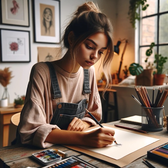 Joven artista femenina dibujando en su estudio
