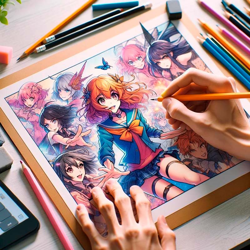 Manos de artista dibujando personajes de anime